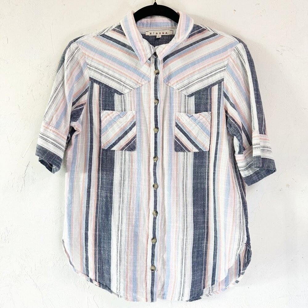 Xirena Weslyn Shirt Button Down Short Sleeve Top Striped Blue Pink Women's Small